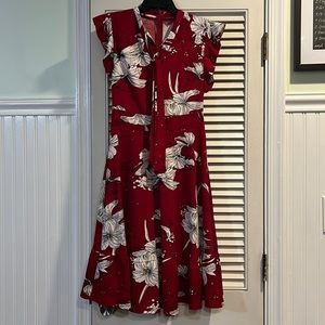 Red and white floral dress with necktie